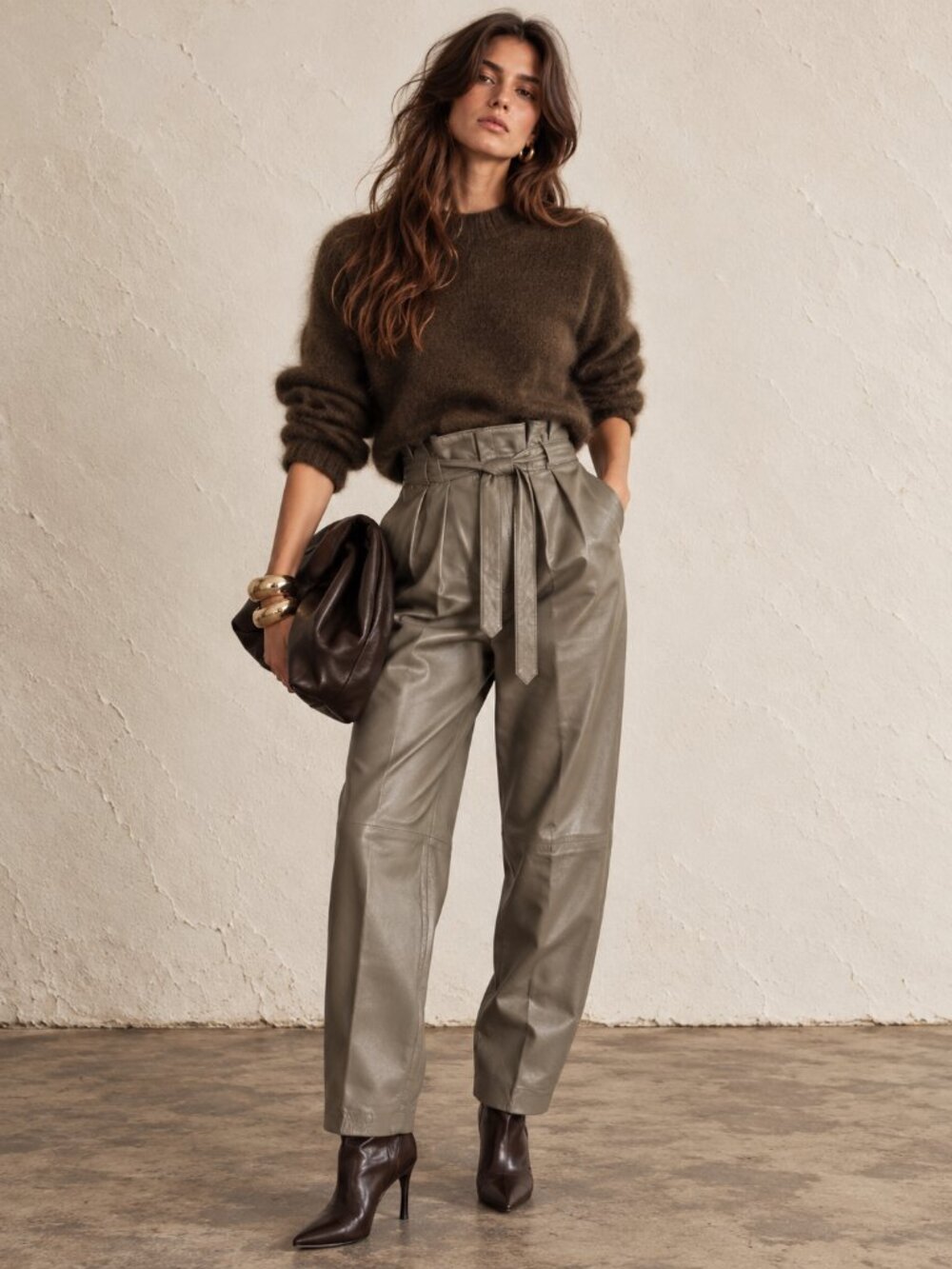 Vintage, Leather High-Waist Paperbag Straight Leg Pants